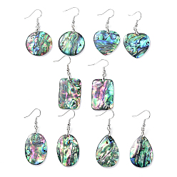 Platinum Abalone Shell/Paua Shell Dangle Earrings, with Brass Ice Pick Pinch Bails and Earring Hooks, Mixed Shape, Platinum, 47~56mm, Pin: 0.7mm