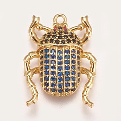 Golden Brass Micro Pave Cubic Zirconia Pendants, Beetle, Blue, Golden, 22.5x16.5x4mm, Hole: 1.5mm