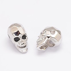 Real Platinum Plated Brass Micro Pave Cubic Zirconia Beads, Skull, Lead Free & Nickel Free & Cadmium Free, Real Platinum Plated, 13x8x9.5mm, Hole: 2mm