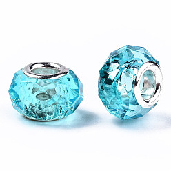 Голубой Прозрачный полимер европейские шарики, имитационные кристаллические, бусины с большим отверстием, с двойных ядер серебрянного цвета, граненые, рондель, голубой, 14x9.5 мм, отверстие : 5 мм