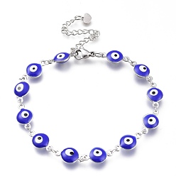 Blue 304 Stainless Steel Link Bracelets, with Enamel and Lobster Claw Clasps, Evil Eye, Stainless Steel Color, Blue, 8-1/8 inch(20.5cm), Eye: 14x8x3mm
