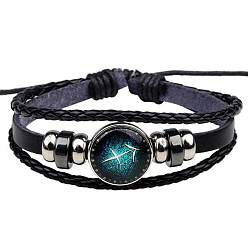 Sagittarius Constellation Glass Link Multi-strand Bracelet, PU Leather Braided Triple Layer Gothic Bracelet for Men Women, Sagittarius, 7-1/8~9-7/8 inch(18~25cm)