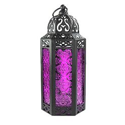 Magenta Retro Electrophoresis Black Plated Iron Ramadan Candle Lantern, Portable Glass Decorative Hanging Lamp Candle Holder for Home Decoration, Magenta, 95x80x250mm