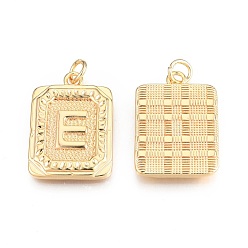 Letter E Brass Pendants, with Jump Rings, Cadmium Free & Nickel Free & Lead Free, Rectangle with Letter, Real 18K Gold Plated, Letter.E, 22.5x16x2mm, Jump Ring: 5x1mm, 3mm inner diameter