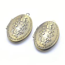 Brushed Antique Bronze Brass Locket Pendants, Photo Frame Charms for Necklaces, Cadmium Free & Nickel Free & Lead Free, Oval with Flower, Brushed Antique Bronze, 42x27x10mm, Hole: 2mm, Inner Size: 18x29mm