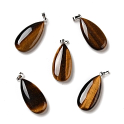 Tiger Eye Natural Tiger Eye Pendants, with Platinum Tone Brass Findings, Teardrop, 33x15x7~7.5mm, Hole: 5x3.5mm