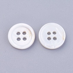 Floral White 4-Hole Shell Buttons, Undyed, Flat Round, Floral White, 11.5x2mm, Hole: 1.5mm