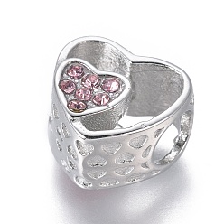 Rose Clair 304 acier inoxydable perles européennes, Perles avec un grand trou   , avec strass, cœur, couleur inox, rose clair, 11x11.5x7.5mm, Trou: 4.5mm