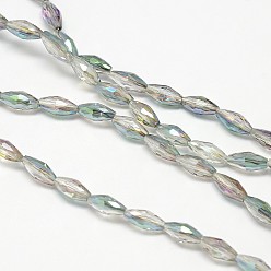 Dark Sea Green Electroplate Crystal Glass Rice Beads Strands, Faceted, Rainbow Color Plated, Dark Sea Green, 4x9mm, Hole: 1mm, about 58pcs/strand, 20.4 inch