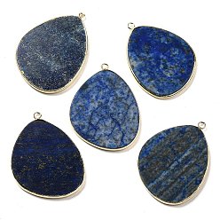 Lapislázuli Naturales lapis lazuli colgantes, amuletos de huevo de latón chapado en estante, dorado, 41.5~43x30.5~31x2.4 mm, agujero: 1.3~2 mm