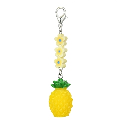 Pineapple Fruit Resin Pendant Decoration, Zinc Alloy Lobster Claw Clasps and Flower Polymer Clay Beads Charm, Pineapple, 84mm