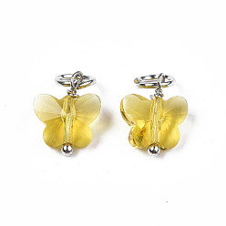 Yellow Faceted Transparent Glass Charms, with Iron Jump Ring, Butterfly, Yellow, 13~14x9.8x6mm, Hole: 4mm