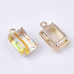 Light Khaki Transparent Glass Pendants, with Brass Findings, Faceted, Rectangle, AB Color Plated, Light Gold, Light Khaki, 17.5x10x6.5mm, Hole: 1.6mm