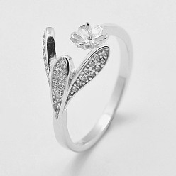 Platinum Adjustable Rhodium Plated 925 Sterling Silver Cuff Rings, Open Rings Components, For Half Drilled Beads, with Cubic Zirconia, Flower and Leaf, Size 6, Platinum, Tray: 5mm, 16mm, pin: 0.6mm