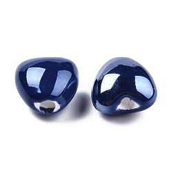 Midnight Blue Pearlized Handmade Porcelain Beads, Heart, Midnight Blue, 10x10x7mm, Hole: 1.8mm