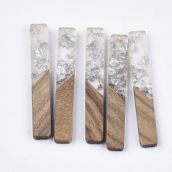 Plata Grandes colgantes de resina y madera de nogal, con papel de plata, Rectángulo, plata, 51.5x7.5x3 mm, agujero: 1.8 mm