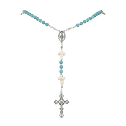 Antique Silver Synthetic Turquoise Rosary Bead Necklaces, Synthetic Magnesite & Alloy Cross Pendant Necklace, Antique Silver, 23.23 inch(59cm)