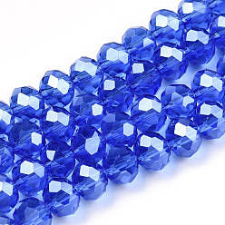 Medium Blue Electroplate Glass Beads Strands, Pearl Luster Plated, Faceted, Rondelle, Medium Blue, 4x3mm, Hole: 0.4mm, about 123~127pcs/strand, 16.5~16.9 inch(42~43cm)