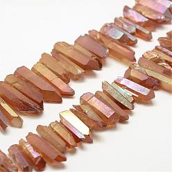 Sandy Brown Electroplated Natural Quartz Crystal Beads Strands, Nuggets, Tusk Shape, AB Color, Dyed, Sandy Brown, 7~15x18~60mm, Hole: 1mm, about 46pcs/strand, 16 inch