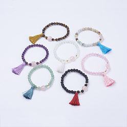 Mixed Stone Tassel Charm Bracelets, with Natural & Synthetic Mixed Stone Beads, Round, 2 inch(52mm)