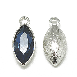 Prussian Blue Alloy Glass Pendants, Faceted, Horse Eye, Platinum, Prussian Blue, 20x9x5mm, Hole: 1.5mm