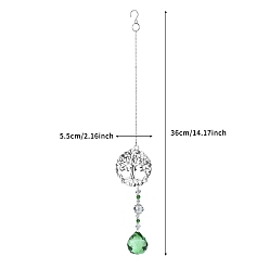 Green Glass Teardrop with Tree of Life Hanging Pendant Decorations, Suncatchers for Party Window, Wall Display Decorations, Green, 360x55mm