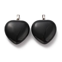 Obsidienne Pendentifs en obsidienne naturelles, charmes de coeur, avec placage à crémaillère en laiton ton platine sur bélières, 32~33x30~31x12~13mm, Trou: 5x8mm