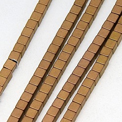 Copper Plated Electroplate Non-magnetic Synthetic Hematite Beads Strands, Frosted, Cube, Grade A, Copper Plated, 2x2x2mm, Hole: 1mm, about 200pcs/strand, 16 inch