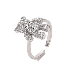 Clear Cubic Zirconia Bear Open Cuff Ring, Platinum Brass Jewelry for Women, Clear, Inner Diameter: 18mm