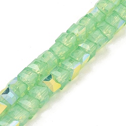 Светло-зеленый Выпечки нарисованных стеклянных бусин прядей, имитация Opalite, граненые, с покрытием AB цвета, кубические, светло-зеленый, 6.5x6.5x6 мм, отверстие : 1.2 мм, около 95 шт / нитка, 22.83~23.03'' (58~58.5 см)