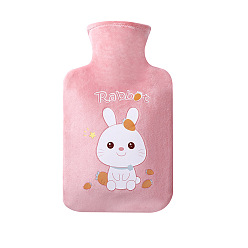 Rabbit PVC Hot Water Bottles with with Soft Fluffy Cover, Hot Water Bag, Pink, Rabbit Pattern, 200x125mm, Capacity: 500ml(16.91 fl. oz)