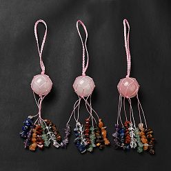 Rose Quartz Natural Rose Quartz Round Pendant Decorations, Chakra Gemstone Chips Nylon Cord Hanging Ornament, 205mm
