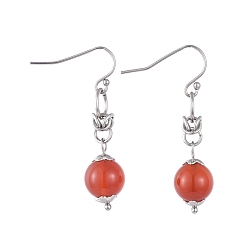 Carnelian Natural Red Agate/Carnelian Dangle Earrings, with 304 Stainless Steel Flower Bead Caps and 316 Surgical Stainless Steel Earring Hooks, 39mm, Pin: 0.6mm