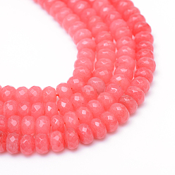 Light Coral Faceted Rondelle Dyed Natural White Jade Bead Strands, Light Coral, 6x4~5mm, Hole: 1mm, about 85pcs/strand, 14.5~14.9 inch(37~38cm)