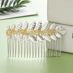 Citrine Leaf Natural Citrine Chips Hair Combs, with Iron Combs, Hair Accessories for Women Girls, 45x80x10mm