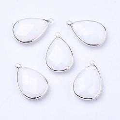 Snow Silver Color Plated Brass Glass Teardrop Pendants, Faceted, Snow, 18x10x5mm, Hole: 2mm