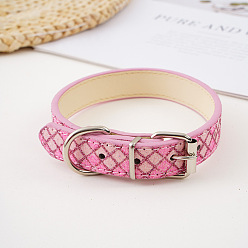 Pearl Pink Adjustable Imitation Leather Pet Collars, with Glitter Powder, Rhombus Pattern Cat Dog Choker Necklace, Pearl Pink, 300x15mm