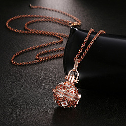 Rose Gold Brass Round Cage Pendant Necklaces, Rose Gold, 20.08~31.50 inch(51~80cm)