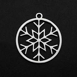 Stainless Steel Color Christmas 201 Stainless Steel Pendants, Laser Cut, Ring with Snowflake, Stainless Steel Color, 22x20x1mm, Hole: 1.6mm