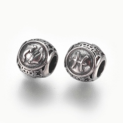 Antique Silver 316 Surgical Stainless Steel European Beads, Large Hole Beads, Rondelle with Constellations Pisces, Antique Silver, 10x9mm, Hole: 4mm