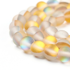Jaune Brins synthétiques de perles de lune, perles holographiques, teint, givré, ronde, jaune, 6mm, Trou: 1mm, Environ 60~62 pcs/chapelet, 14~15 pouce
