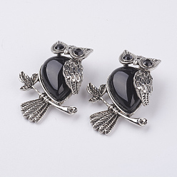 Black Agate Natural Black Agate Pendants, with Alloy Finding, Owl, Antique Silver, 46.5x35.5x11.5mm, Hole: 6x8.5mm