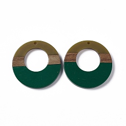 Dark Green Opaque Resin & Walnut Wood Pendants, Ring Charms, Dark Green, 38x3.5mm, Hole: 2mm
