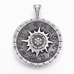 Antique Silver 304 Stainless Steel Big Pendants, Flat Round with Constellation, Antique Silver, 53.5x42x9mm, Hole: 8.5x6mm