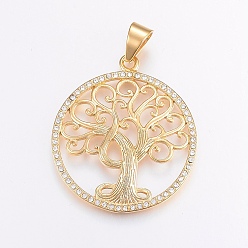 Golden 304 Stainless Steel Big Pendants, with Rhinestone, Flat Round with Tree of Life, Golden, 52x45.5x4mm, Hole: 11x8mm