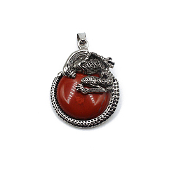 Jaspe Rouge Pendentifs naturels de jaspe rouge, charms ronds et plats avec squelette, avec des accessoires en métal argenté antique, 40x35mm