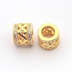 Real 18K Gold Plated New Items Brass Micro Pave Cubic Zirconia Column Spacer Beads, Cadmium Free & Nickel Free & Lead Free, with Letter S, Real 18K Gold Plated, 7x8mm, Hole: 4.5mm