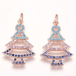 Rose Gold Brass Micro Pave Cubic Zirconia Pendants, Christmas Tree, Colorful, Rose Gold, 22x15x2mm, Hole: 3mm