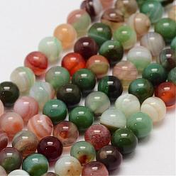 Green Natural Striped Agate/Banded Agate Bead Strands, Round, Grade A, Dyed, Green, 8mm, Hole: 1mm, about 47~48pcs/strand, 14.5 inch