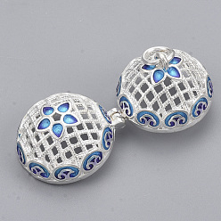 Серебро Подвески из латуни, для ожерелья, с эмалью и железными кольцами, полый круглый с цветком, серебряный цвет гальваническим, 21.5x18x20.5 мм, отверстие : 4 мм, внутренней меры: 15.5 мм